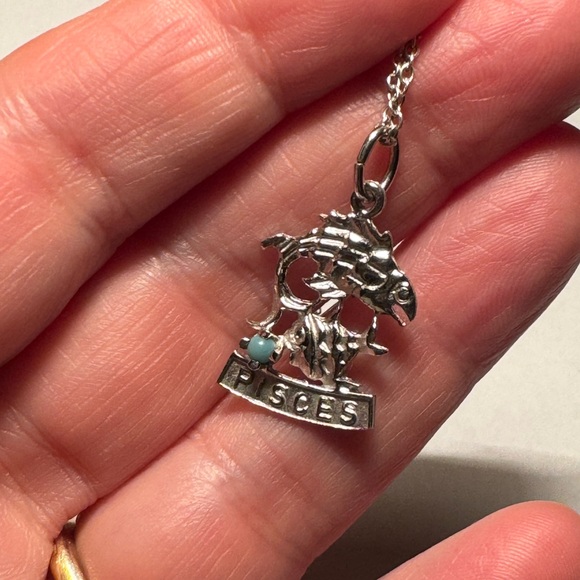 Vintage Jewelry - Vintage 80’s Pisces Zodiac Sterling Pendant & Chain Turquoise Coloured Bead